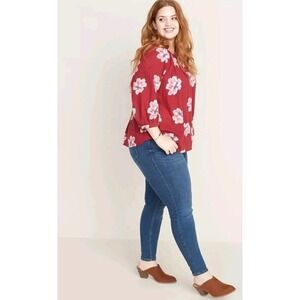 Old Navy Floral Casual Blouse Women 3X Plus Burgundy Red Boho Cotton Gauze
